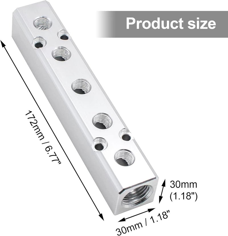 MARSTEK Air Manifold, 5 Way 7 Port Air Compressor Manifold, Aluminum Air Hose Inline Manifold Block Splitter, Pneumatic Manifold Air Distribution Block, NPT 1/2 Inch Supply Port, NPT 1/4 Inch Output Port - Image 2
